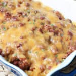 Chili cheese fries in a baking dish