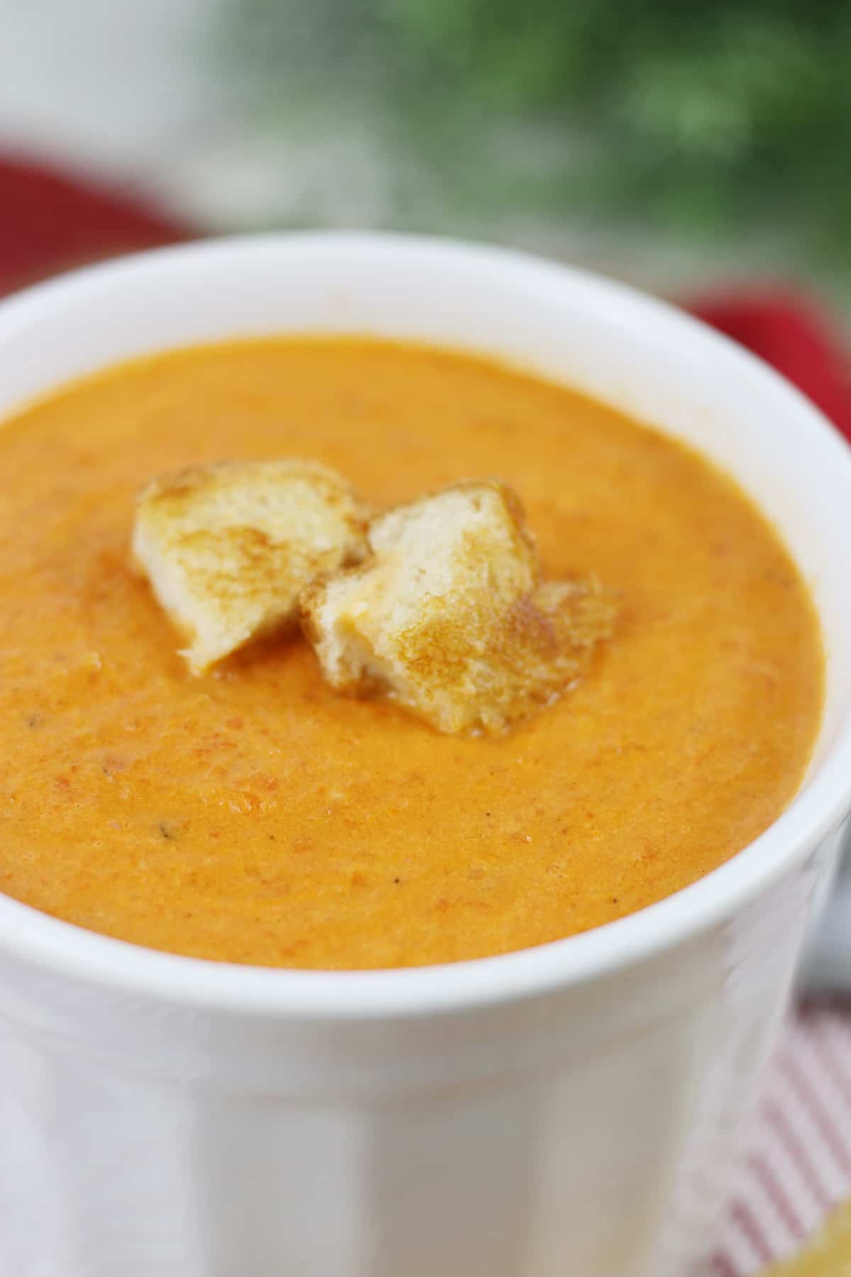 A white bowl filled with roasted tomato soup.