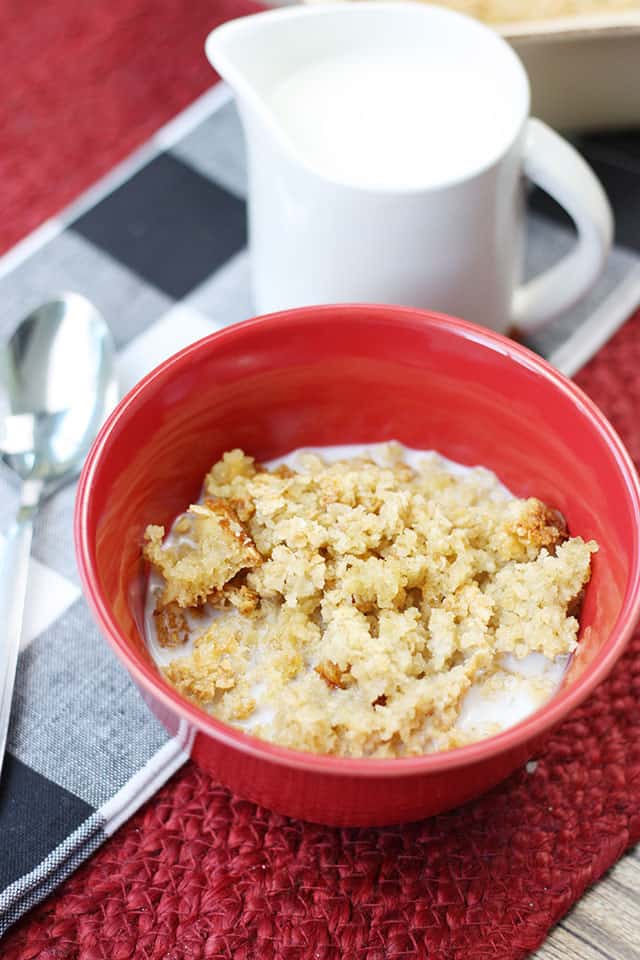 Amish Baked Oatmeal in a red bowl with milk