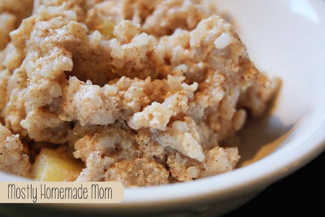 A white bowl filled with apple cinnamon rice pudding.