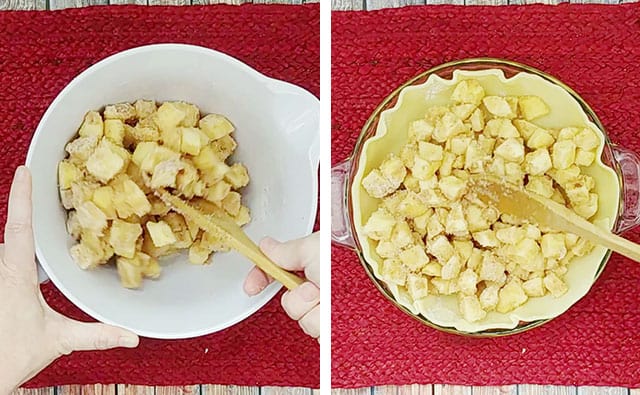 Stirring apple crumb pie filling and then spreading into an unbaked pie crust