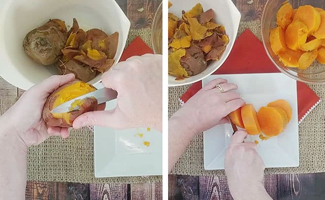 Peeling and slicing sweet potatoes
