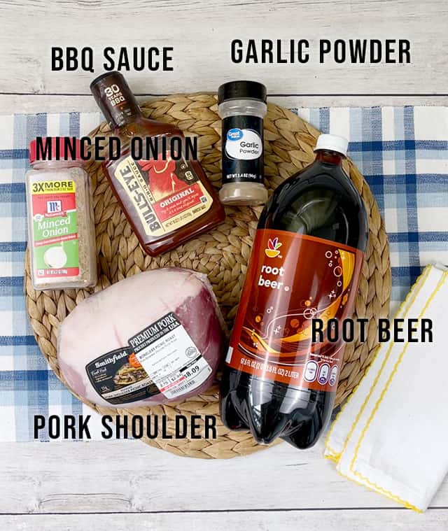 Root beer pulled pork ingredients on a blue plaid placemat