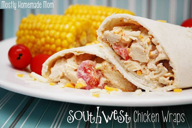 A southwest chicken wrap sliced in half on a white plate.