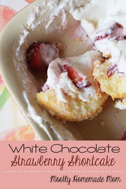 White chocolate strawberry shortcake being served in a baking dish.