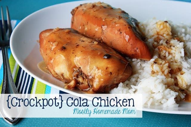 Coca cola chicken on a white plate with rice.