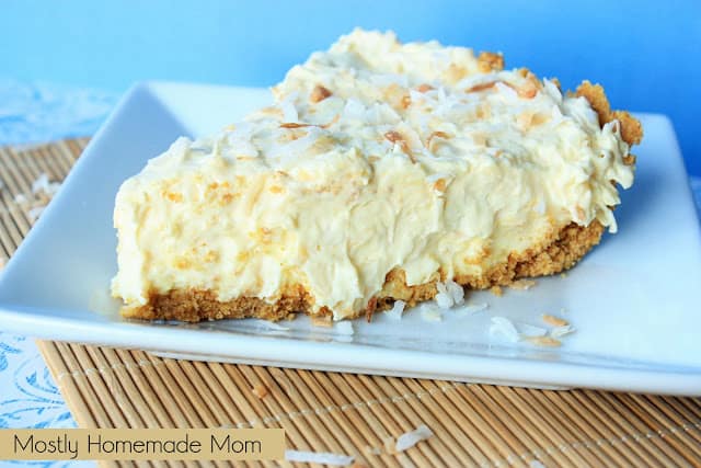 Coconut pudding pie slice on a plate with coconut garnish.