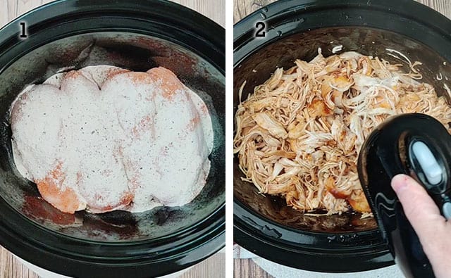 Shredding cooked chicken in a Crockpot with a hand mixer