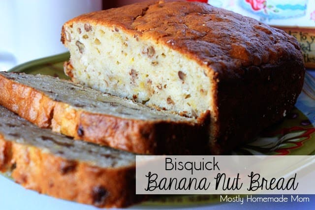 A loaf of Bisquick banana bread on a plate.