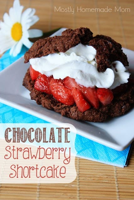 Chocolate strawberry shortcake on a white plate.
