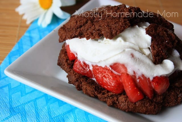 Chocolate strawberry shortcake on a plate with a flower in the background.