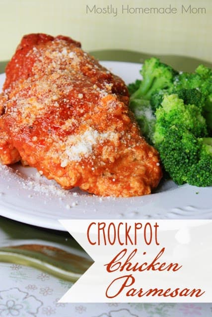 Slow cooker chicken parmesan on a plate next to broccoli.
