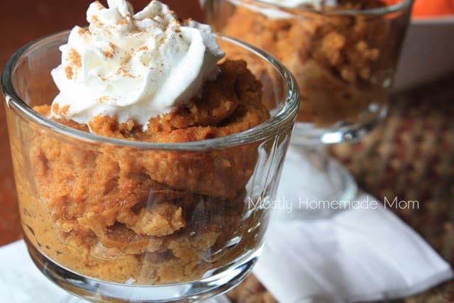 Pumpkin pudding in a glass dish with whipped cream and cinnamon.