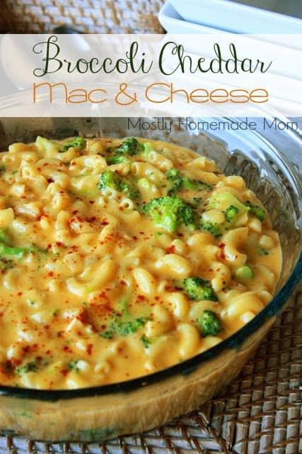 Broccoli Mac and cheese in a glass baking dish