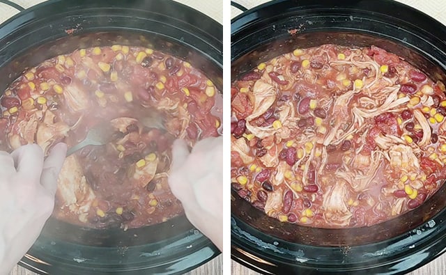 Shredding chicken in the crockpot with two forks