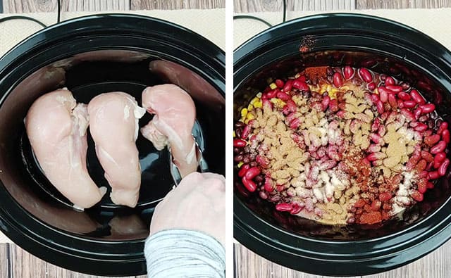 Add ingredients for Crockpot chicken chili into a black slow cooker