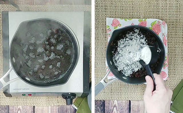 Boiling raisins in a small pot and then dusting them with flour
