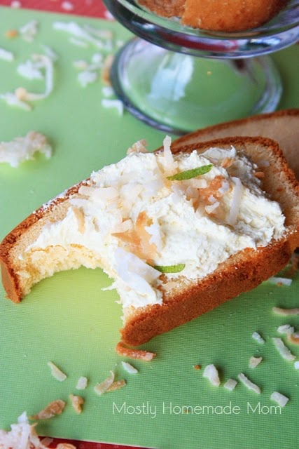 A slice of pound cake topped with key lime pie mousse