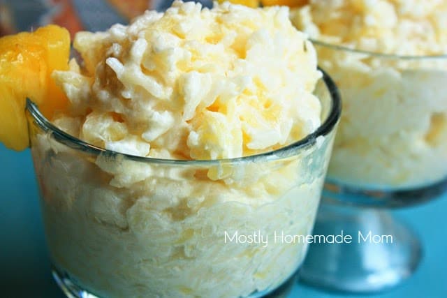 Pineapple rice pudding in a glass dessert dish