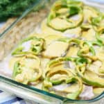 Italian Dijon pork chops with green peppers in a glass baking dish