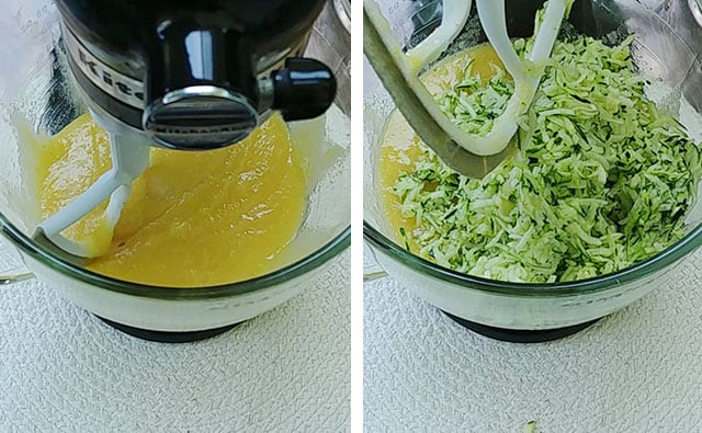Making zucchini bread in a mixer and adding shredded zucchini