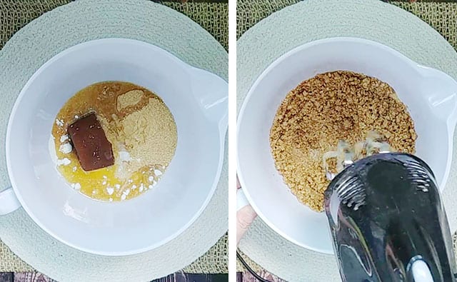 Using a hand mixer to mix graham cracker crust ingredients in a white bowl