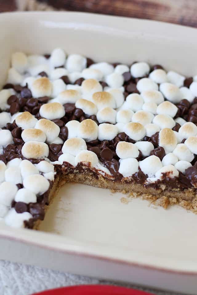 A baking dish with s'mores bars