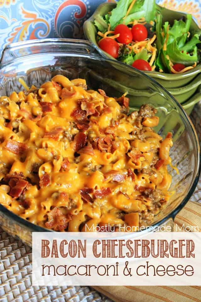 Bacon cheeseburger macaroni and cheese in a round glass baking dish