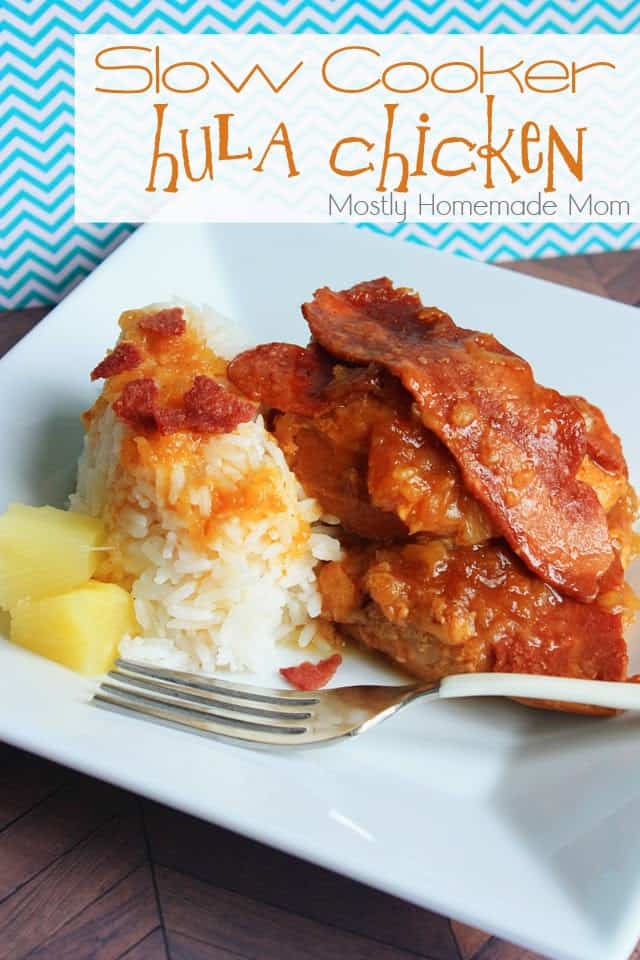 Slow cooker hula chicken with rice on a white plate and a fork