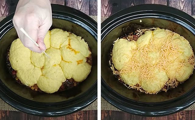 Testing the cornbread layer in the crockpot to see if it's cooked through