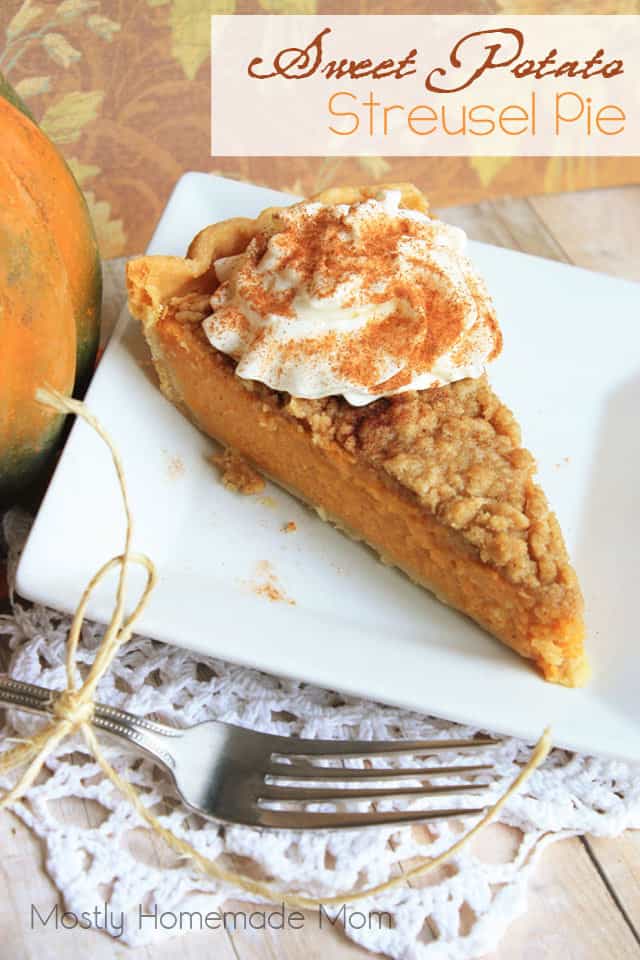 A slice of sweet potato pie on a white plate with a fork