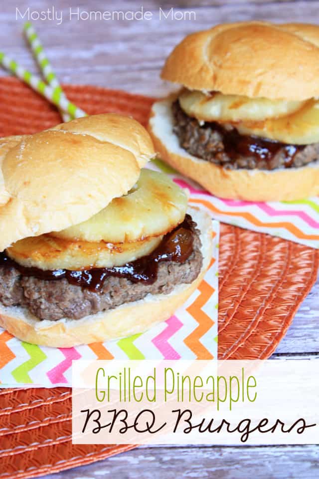 Grilled pineapple burgers with bbq sauce on napkins