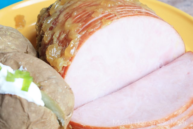 A boneless pineapple ham showing the slices on the inside