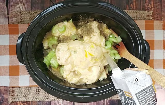 Pouring chicken broth into the crockpot stuffing