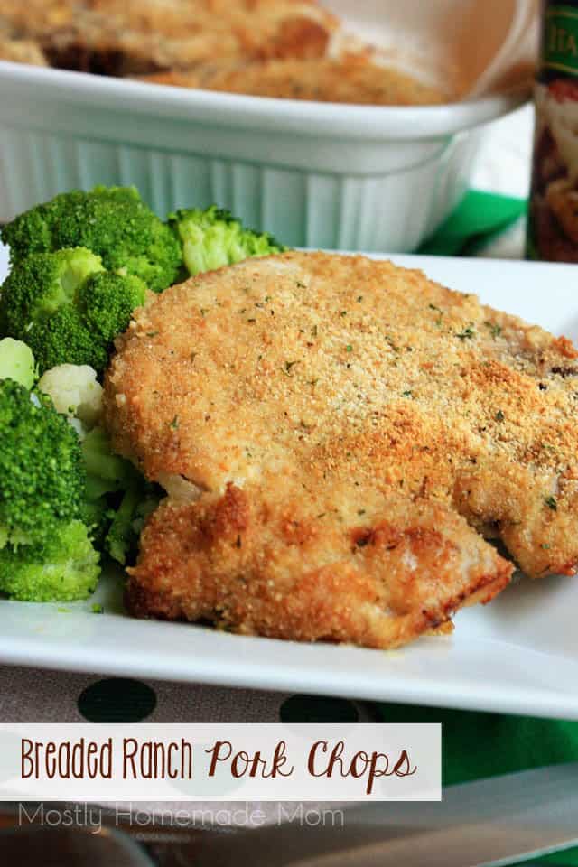 A breaded pork chop on a plate with steamed broccoli