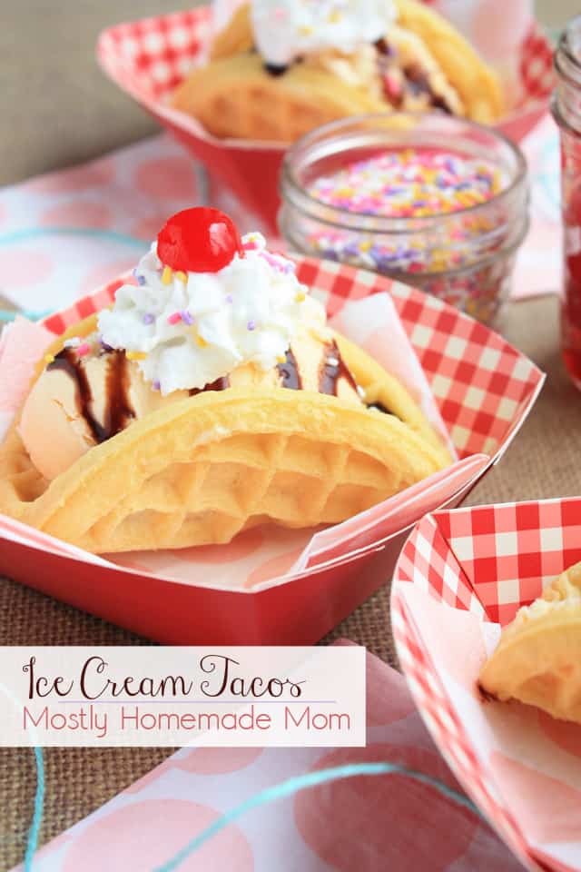 Ice cream taco made with a waffle in the shape of a taco and filled with ice cream and toppings