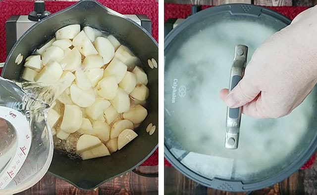 Potatoes in a pot with water being poured over