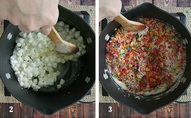 Melting marshmallows in a pot and adding fruity pebbles