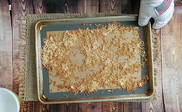 Toasted coconut on a cookie sheet