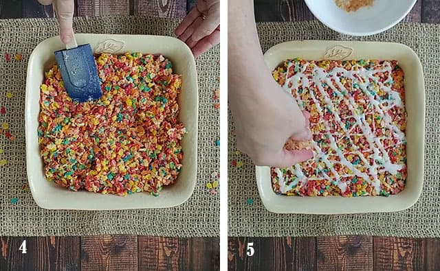 Fruity Pebbles treats in a baking dish with coconut being sprinkled on top