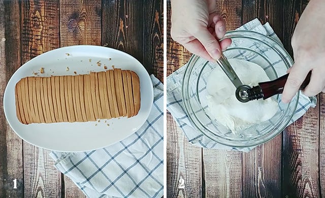 Step one pictured sliced pound cake and step two is ingredients in a bowl