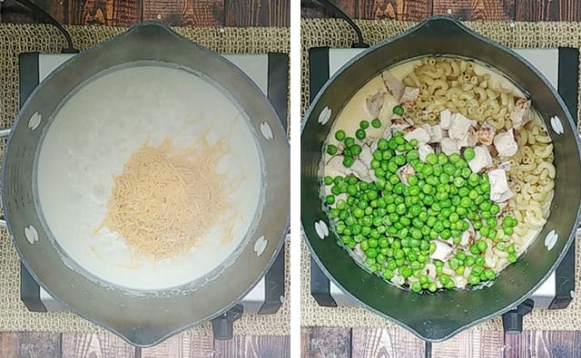 Stirring in cheese, noodles, chicken, and peas to a large pot
