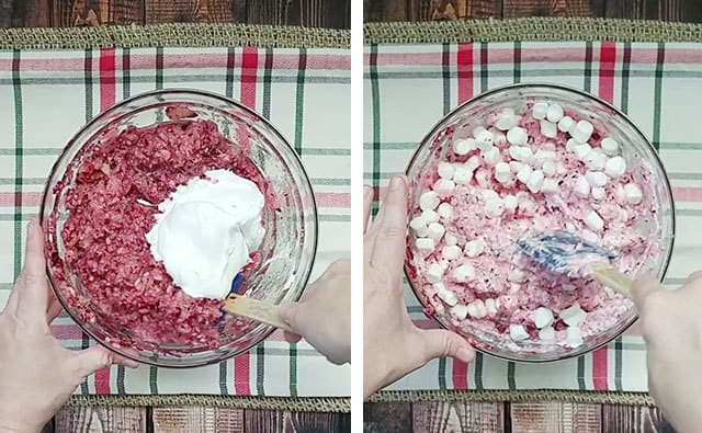 Stirring in sugar, cool whip, and marshmallows into cranberry salad