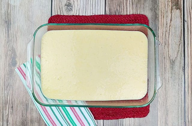 Cornbread batter in a greased glass baking dish
