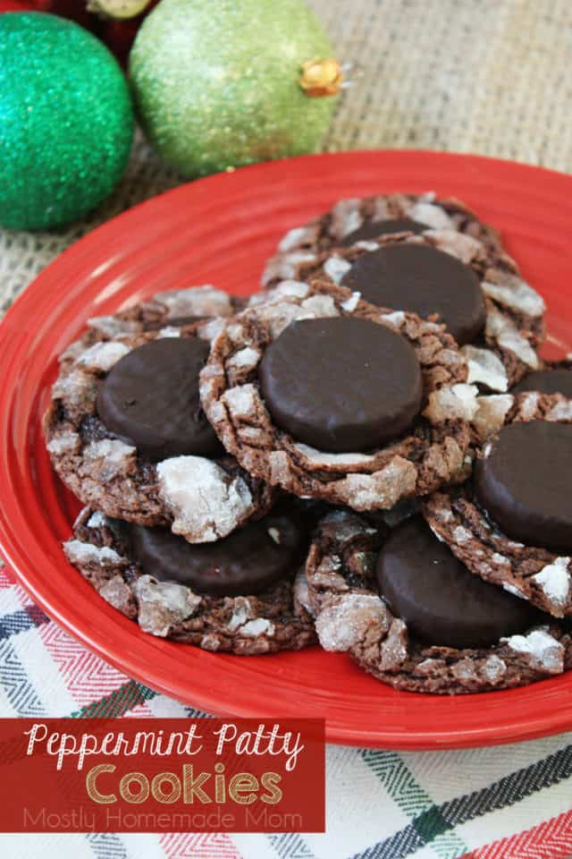 A red plate filled with peppermint patty cookies stacked