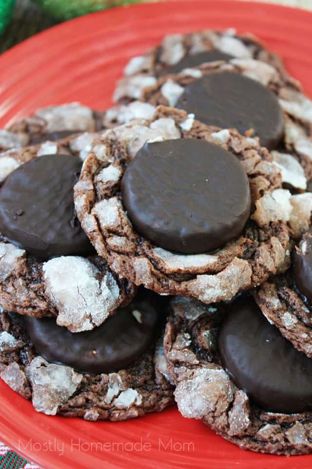 A stack of peppermint patty cookies on a red plate