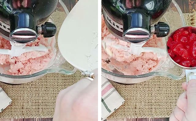 Adding chopped maraschino cherries to cookie dough in a stand mixer
