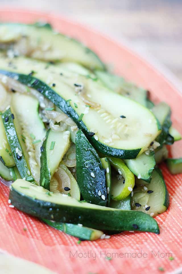 close up of stir fried zucchini on a serving platter