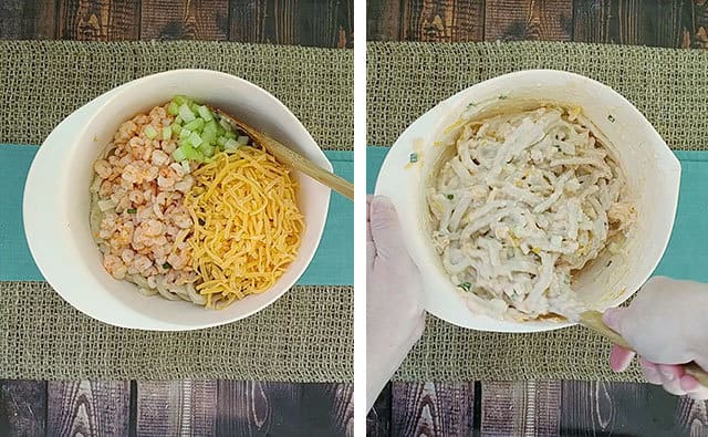 Mixing shrimp casserole ingredients in a white mixing bowl
