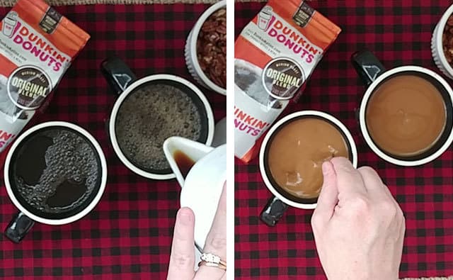 Mixing coffee with maple extract and creamer into two mugs